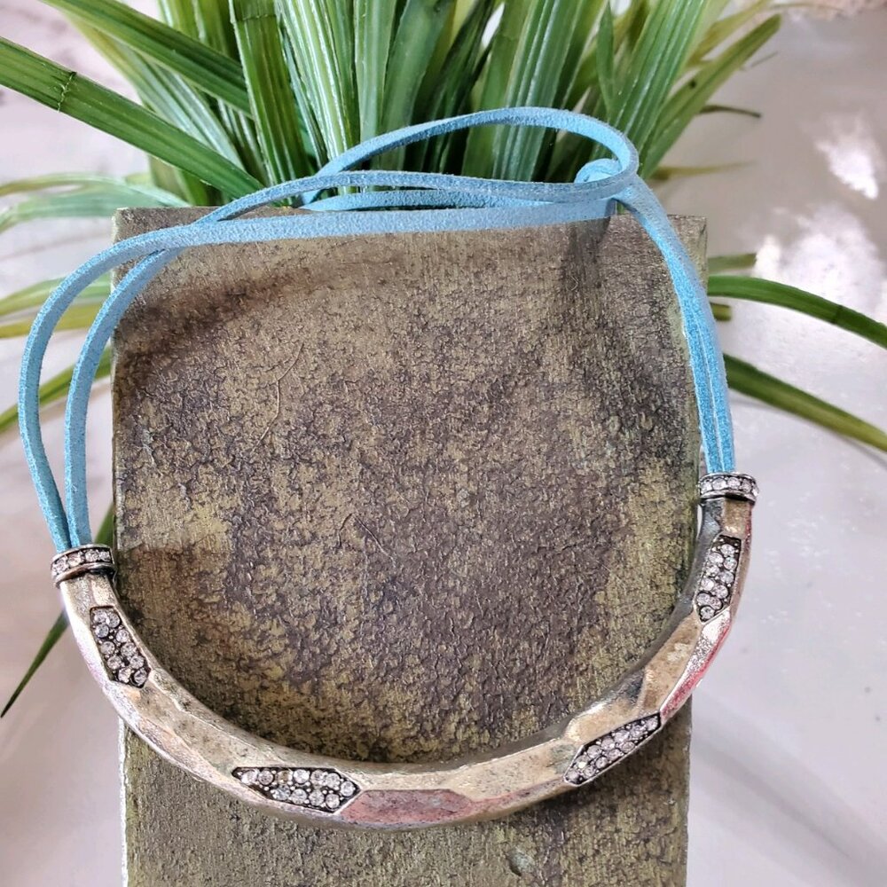 Antique Silver Tone Jeweled Bar Blue Cord Necklace 💥3 for $24💥